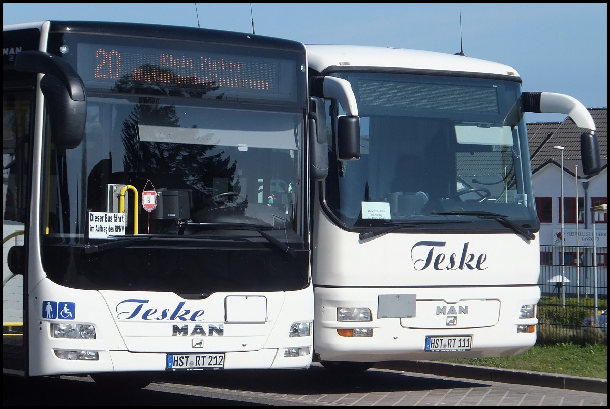 Die Fronten eines MAN Lion's City und MAN L 363 vom Reiseienst Teske aus Deutschland in Sassnitz.