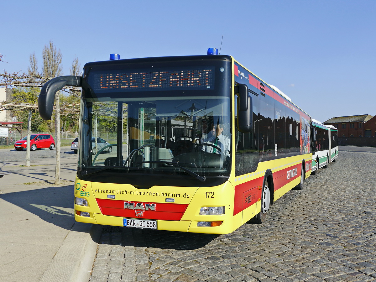 MAN Lion's City der Barnimer Busgesellschaft in Eberswalde am 17. April 2019 auf dem Busbahnhof bei einer Umsetzfahrt.

