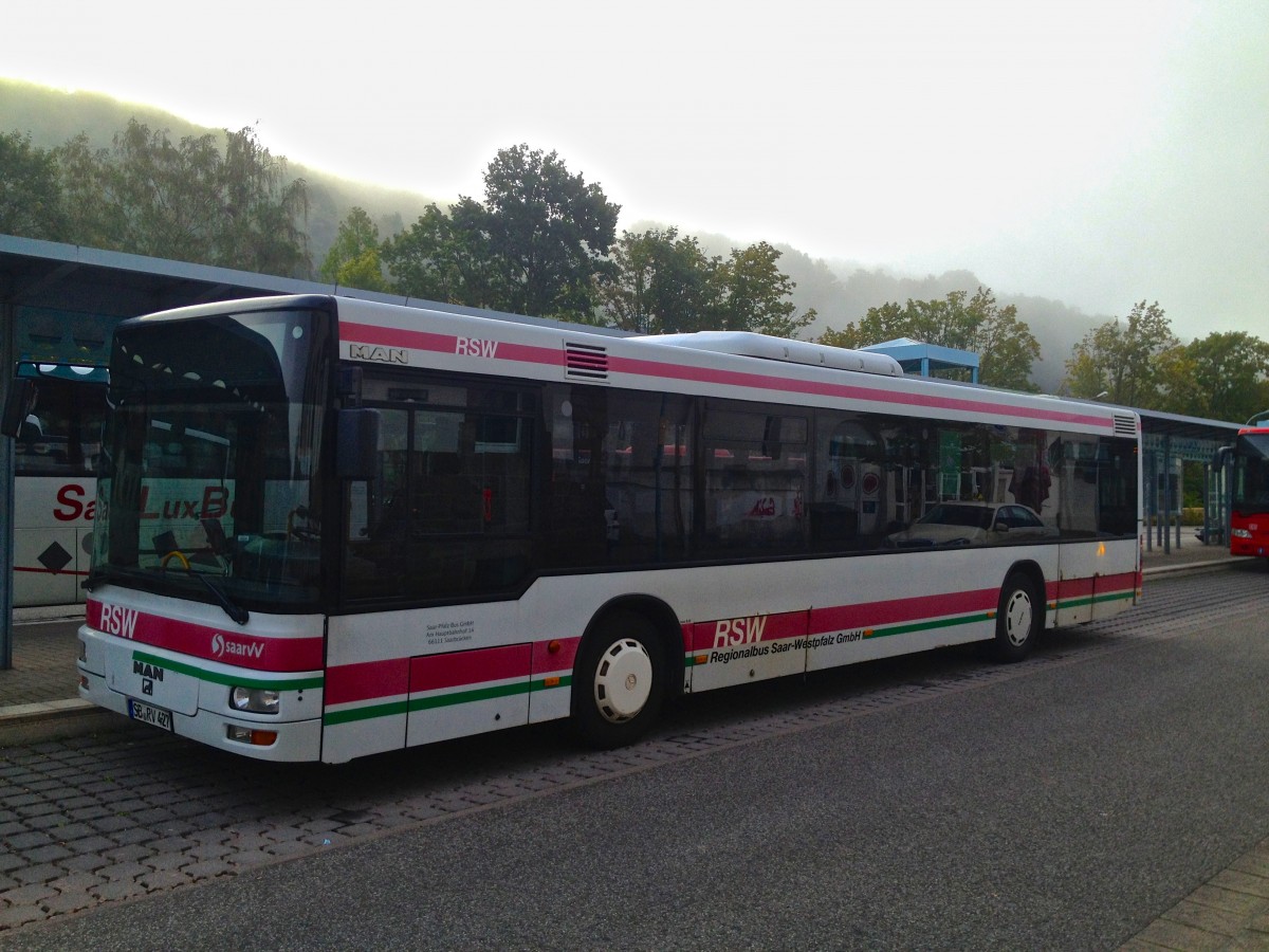 MAN Lions City  von Saar-Pfalz-Bus (SB-RV 427) in Merzig am Bahnhof. Aufgenommen am 02.09.2014.
