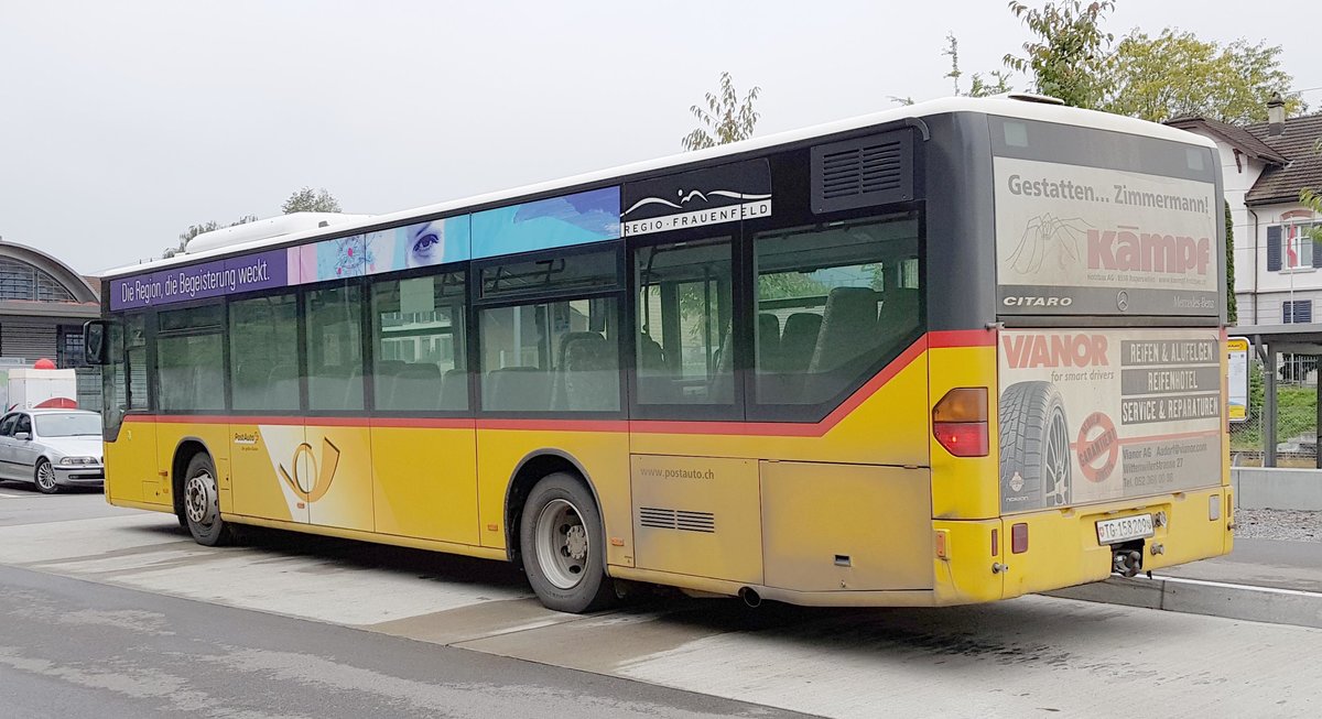 MB Citaro der Postauto.ch steht im Oktober 2019 am Bahnhof in Stein am Rhein/Schweiz