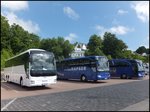 MAN Lion's Coach von Haller aus Deutschland und Mercedes Tourismo von Bustouristik Kapser aus Deutschland und Mercedes Travego von Anker aus Deutschland im Stadthafen Sassnitz.