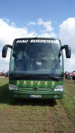 Mercedes-Benz Travego/363201/mb-bus-von-pfau-busreisen-als-werbetraeger-fuer MB-Bus von 'Pfau-Busreisen' als Werbetrger fr den 'FENDT-Feldtag' am 28.08.2014 in Wadenbrunn. Abgestellt auf dem Ausstellungsgelnde. 