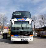 Setra 400er-Serie/275339/frontansicht-des-setra-431-dt-bistrobus Frontansicht des SETRA 431 DT 'Bistrobus' von STEWA Reisen aus der BRD am 16.4.2013 in Krems an der Donau.
