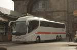 Ein nagelneuer Intercity Bus der DB fuhr am 18.02.2014 vor dem Hauptbahnhof Nrnberg am 18.02.2014 nach Mannheim ab. Es handelt sich um einen IRIZAR PB Volvo, der auf die tschechische Firma Student Agency K.S. in 60200 Brno zugelassen ist. Der moderne Bus trgt die DB und IC Signata. 