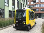 Deutsche Bahn und Berliner Verkehrsbetriebe verwenden für den Testbetrieb zum autonomen Fahren Kleinbusse des Herstellers EasyMile. Hier gesehen und auch genutzt am 20. Juni 2018 auf dem EUREF-Campus in Berlin Schöneberg.