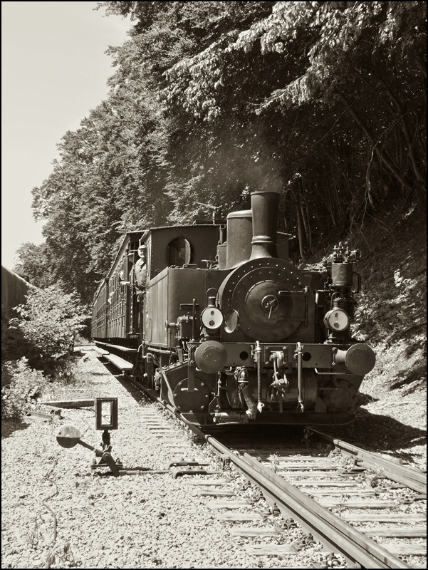 . Der Zug kommt! - Einfahrt des  Train 1900  in den Bahnhof von Fond de Gras. 16.06.2013 (Jeanny)

Bei dieser Zugzusammensetzung passt der Name der Museumsbahn  Train 1900  perfekt.
Die Lok N 8 (ADI 8) aus dem Jahr 1900 war die erste Dampflok, die 1973 zur Museumsbahn kam und sie ist somit auch die Namensgeberin der Museumsbahn. Sie gehrte vorher der Htte HADIR Differdange und verrichtete bis 2007 unermdlich ihren Dienst bei der Museumsbahn. Dann berliess sie anderen Dampfloks die Aufgabe die Zge des Train 1900 zu ziehen.

Bei einer Kontrolle des Kessels, wurde festgestellt, dass dessen Zustand im Grunde noch nicht so schlecht war und es wurde beschlossen, die schne kleine Lok wieder aufzuarbeiten und erneut betriebsfhig zu machen.

Nach 5 Jahren Arbeit drehte sie 2012 wieder ihre ersten Runden in Fond de Gras. Sie bekam ausserdem das original Farbkleid zurck, welches sie bei der HADIR in Differdange getragen hatte.

Zur Vervollstndigung hier noch die technischen Daten der Lok:
Hersteller: Hannoversche Maschinenfabrik - Georg Egestroff (sptere HANOMAG) 
Fabriknummer: 3431
Baujahr: 1900
Typ: (020 T) B2nt
Herkunft: ARBED (ex HADIR) Differdange

Bei den Wagen handelt es sich um belgische GCI Wagen: 

GCI steht fr  Grande capacit et intercirculation , d.h. grosses Platzangebot und bergangsmglichkeit zum Nachbarwagen, moderne Merkmale fr Wagen, die ab 1890 in Stckzahlen von mehreren tausend fr die belgischen Staatsbahnen bis um 1920 gebaut wurden. Drei davon konnten in Belgien von der Museumsbahn erworben werden und bildeten die Zuggarnitur des Train 1900 im Jahre 1973. Jahrelang prgten sie sein Erscheinungsbild.

Seit der Saison 2005 ist die GCI Garnitur technisch wieder in Schuss und steht fr Sonderfahrten und Filmaufnahmen zur Verfgung. So wird die Erinnerung an Rollmaterial das einst sehr zahlreich war und von dem jetzt rund ein Dutzend Exemplare in sehr verschiedenem Erhaltungszustand brig geblieben ist, lebendig gehalten.




