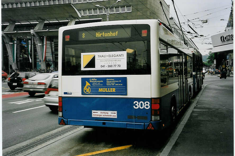 (060'532) - VBL Luzern - Nr. 308 - Lanz+Marti/Hess Personenanhnger am 26. Mai 2003 beim Bahnhof Luzern