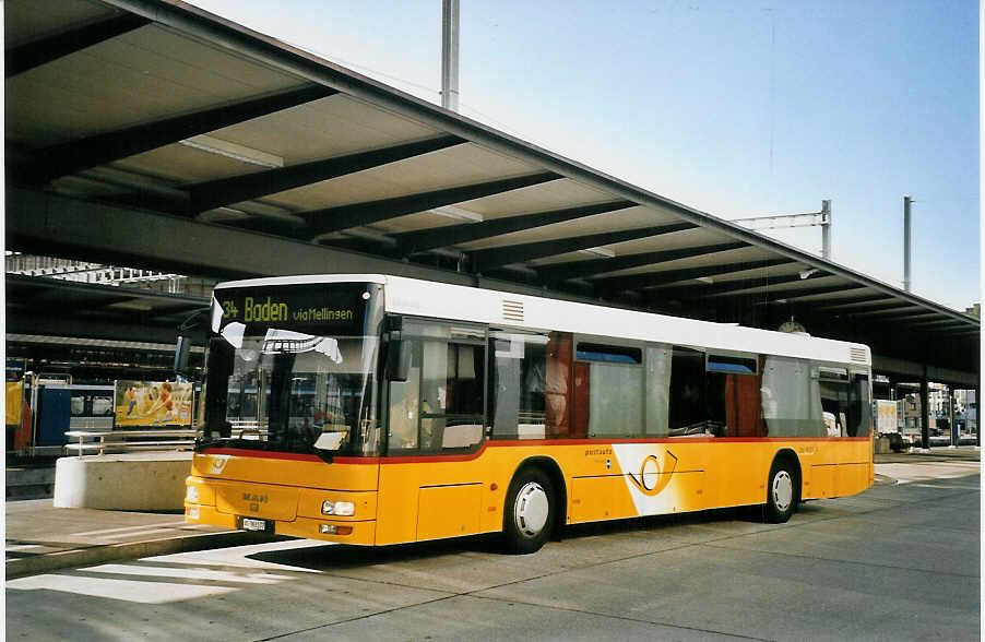 (061'616) - PostAuto Aargau - AG 363'177 - MAN (ex P 25'591) am 19. Juli 2003 beim Bahnhof Baden