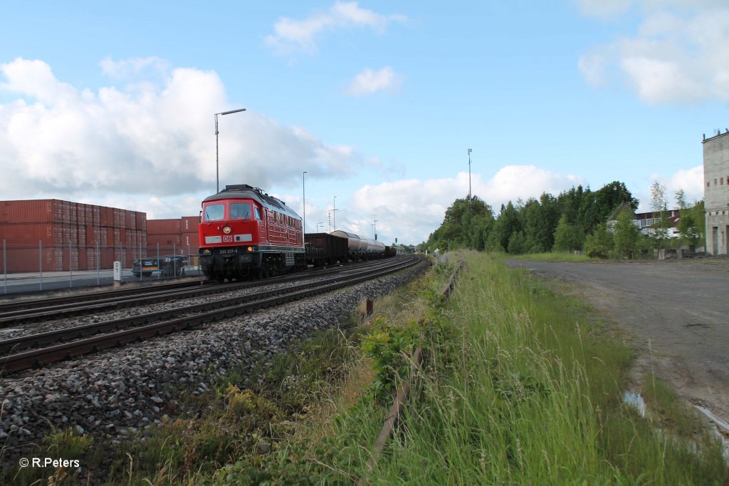 233 217-9 beim Anfahren mit dem morgentlichen 45367 NN - Cheb beim warten auf die berholung durch 612er mit RE und Vogtlandbahnin Wiesau. 14.06.13