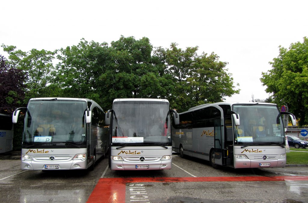 3mal MERCEDES BENZ TOURISMO von MIKLO Reisen aus Wien am 2.6.2013 in Krems an der Donau.Die Donau ist gesperrt wegen Hochwasser daher werden Passagiere mit Bussen weitertransportiert.