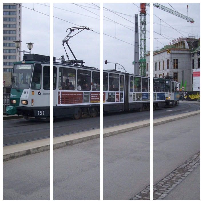 4-teiliges Bild der Straenbahn NR.151 von Potsdam.