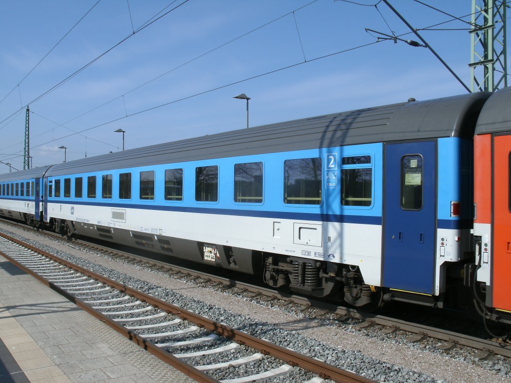 CD-Wagen Bmz 73 54 21-91 001-0 im EC 379 Binz-Brno,am 16.April 2012,in Bergen/Rgen.