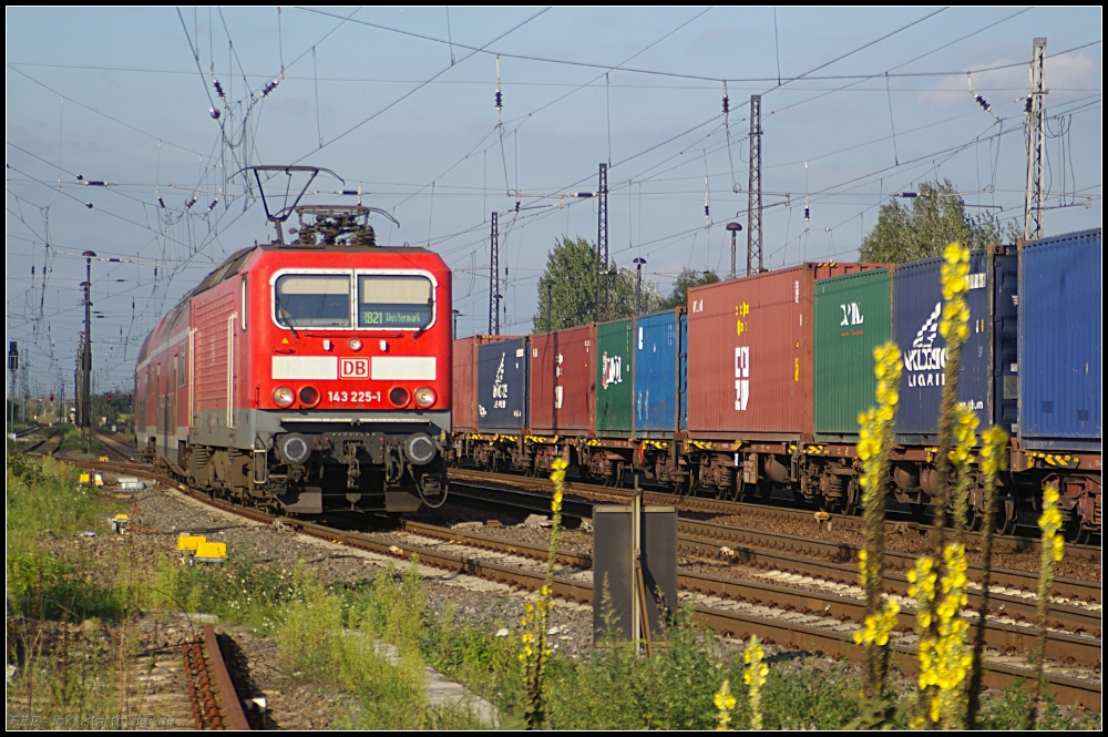 DB Regio 143 225-1 ist mit der RB21 von Wustermark kommend unterwegs nach Griebnitzsee (gesehen Wustermark-Priort 01.10.2010)
