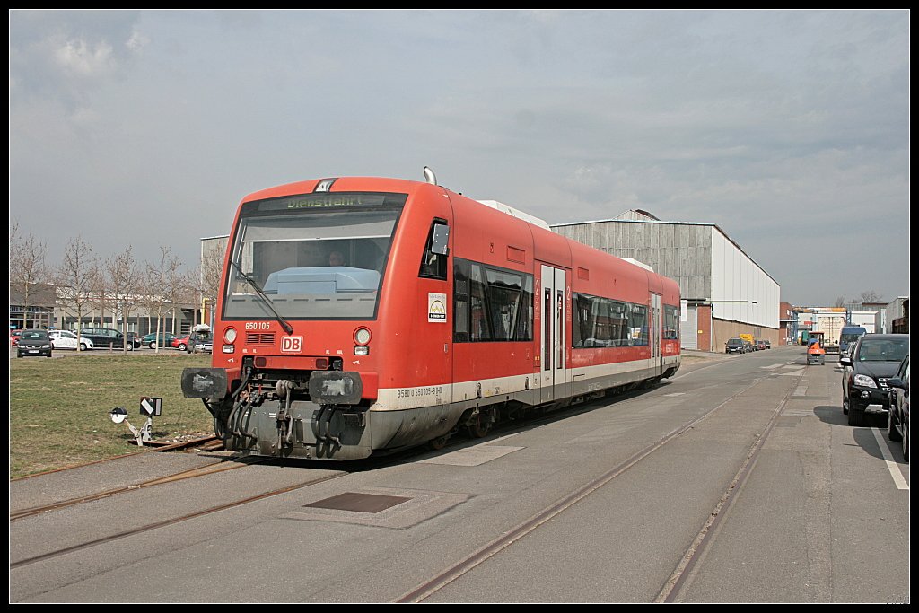 DB Regio 650 105-9 auf �berf�hrungsfahrt (ex 650 105-0, ex DB ZugBus Regionalverkehr Alb-Bodensee (RAB), NVR-Nummer 9580 0 650 105-9 D-DB, REV FKX 12.10.06, gesehen Berlin-Reinickendorf 26.03.2010)