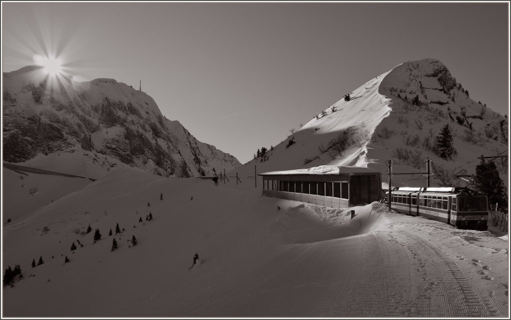 Der Rochers-de-Naye Zug Beh 4/8 304 fhrt der Sonne entgegen.
(12.01.2012)