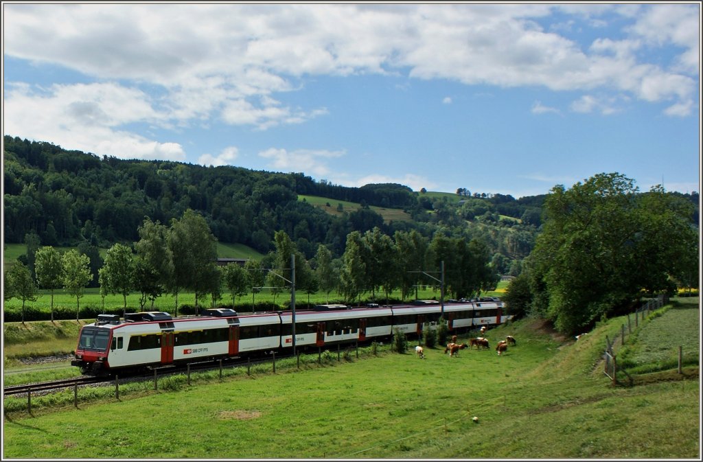 Ein Regionalzug von Lausanne nach Payerne kurz nach Moudon.
(12.07.2012)