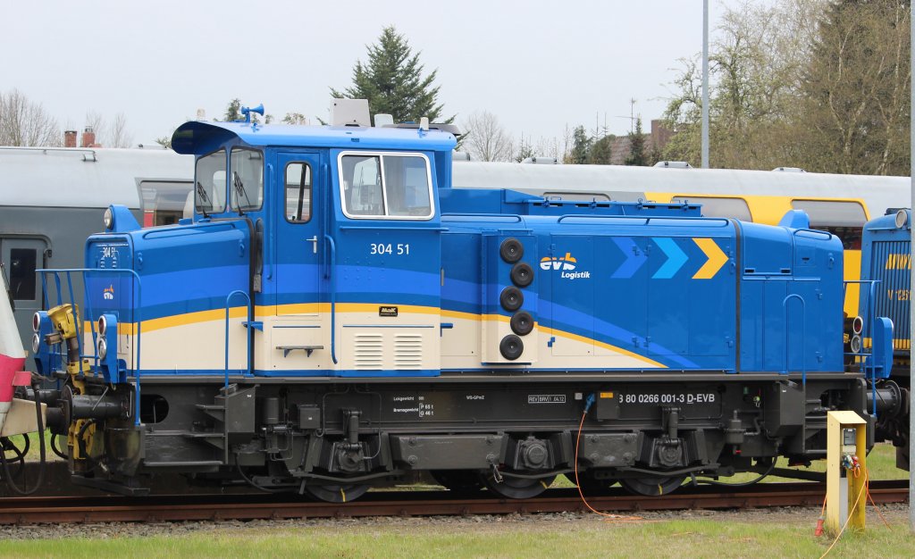 EVB  304 51  mit einer neuen abgeschlossenen HU, hat sich am 22.04.2012 im BW-Bremervörde, im neuen EVB Logistik Design präsentiert. (MAK - G 500 C / Baujahr 1966 / NVR-Nr. 92 80 0266 001-3 D-EVB)