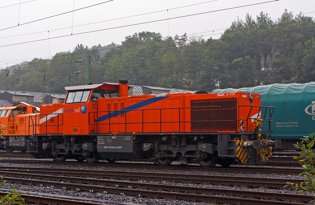 Im Regen - Die northrail MaK G 1206 (275 804-3), vermietet an die HGB Hessische Gterbahn (Buseck), abgestellt am 14.09.2012 in Betzdorf/Sieg. Die Lok wurde 1999 bei Vossloh unter der Fabriknummer 1001013 gebaut und an Vossloh Schienenfahrzeugtechnik (Einsatz als Mietlok) geliefert. Sie hat die NVR-Nummer  92 80 1275 804-3 D-NTS, sowie die EBA-Nummer  EBA 00B01 A004 .