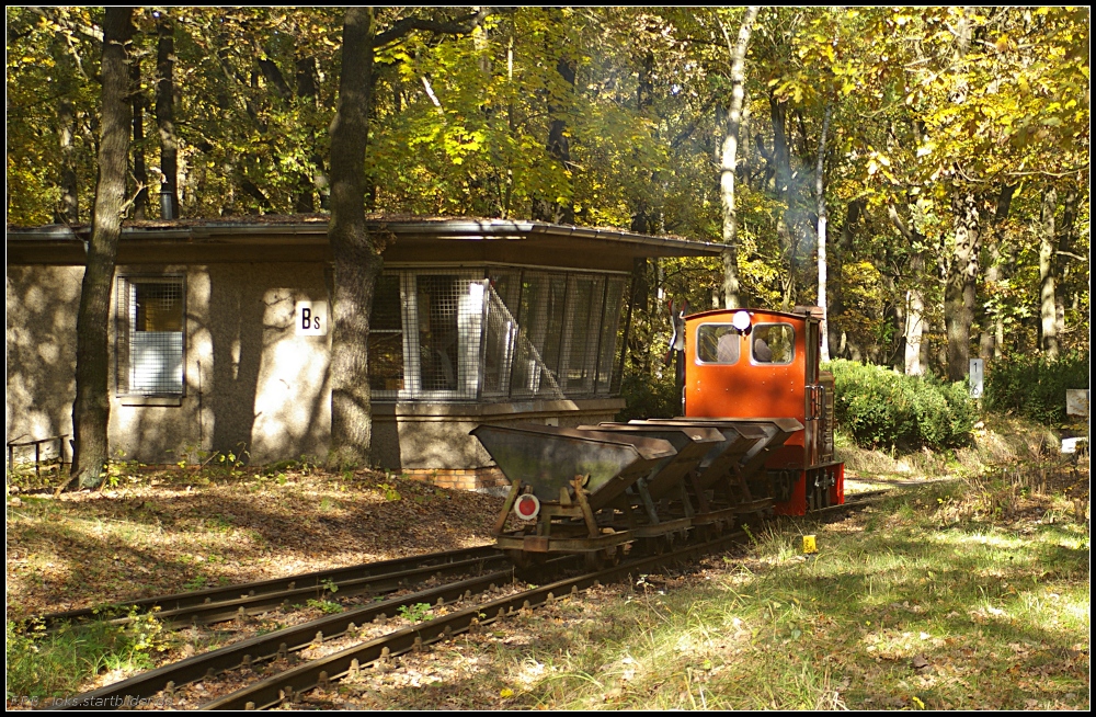 Lok  Siegfried  mit ein paar Loren unterwegs auf der Parkeisenbahn Wuhlheide auf H�he des Stellwerks Badesee (20 Jahre Schmalspurbahn-Freunde Berlin e.V., gesehen Berlin Wuhlheide 23.10.2010)