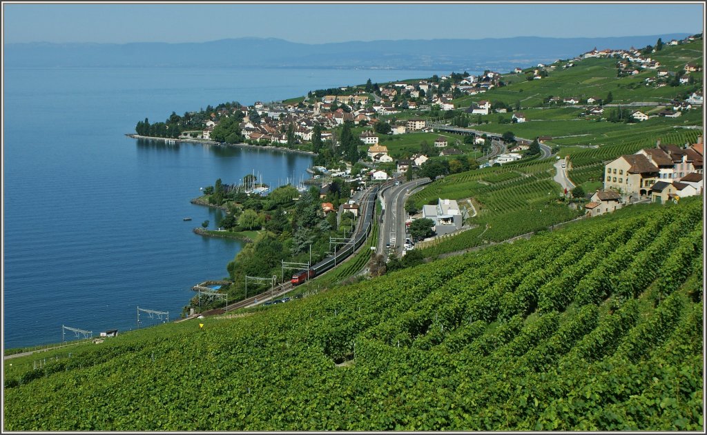 Schlngelt sich dem See entlang: Re 460 mit einem Interregio auf der Fahrt nach Brig bei Epesses.
(18.07.2012)