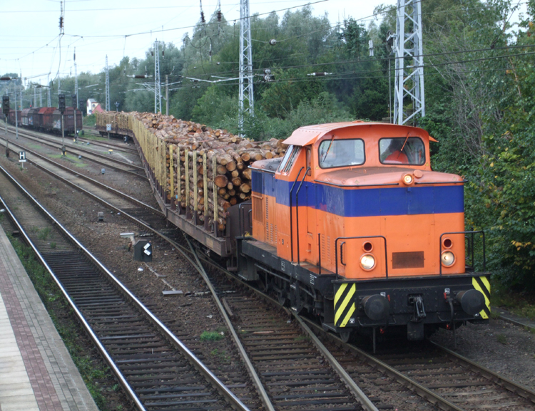 V60 der Firma Rostocker Fracht-und Fischereihafen GmbH stellte am 14.09.10 den Holzzug von Rostock-Bramow Richtung Stendal-Niedergrne zusammen.Gru geht hierbei an den Tf 