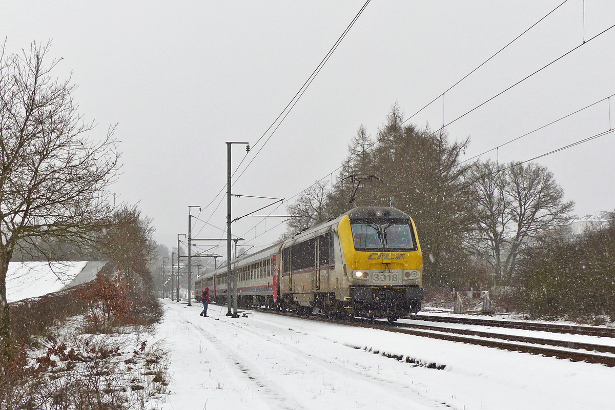 . Bei schnstem Sonnenschein sind wir heute nachmittag losgefahren um Schnee-Bahnbilder zu machen. Kaum angekommen in Wilwerwiltz begann es wieder zu schneien und so zog die 3018 (mit nur einem Spitzenlicht) den IC 112 Liers - Luxembourg im Schneegestuber ber die Nordstrecke. 16.01.2016 (Jeanny)  