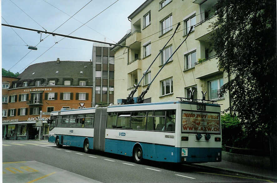 (085'619) - VBZ Zrich - Nr. 8 - Mercedes Gelenktrolleybus am 25. Mai 2006 in Zrich, Klusplatz