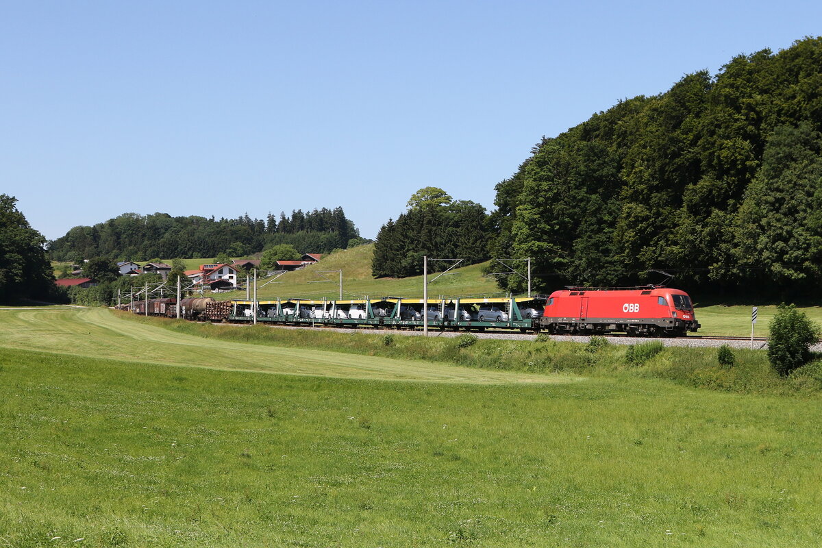 1016 003 mit einem gemischten G�terzug aus Rosenheim kommend am 25. Juni 2025 bei Axdorf.