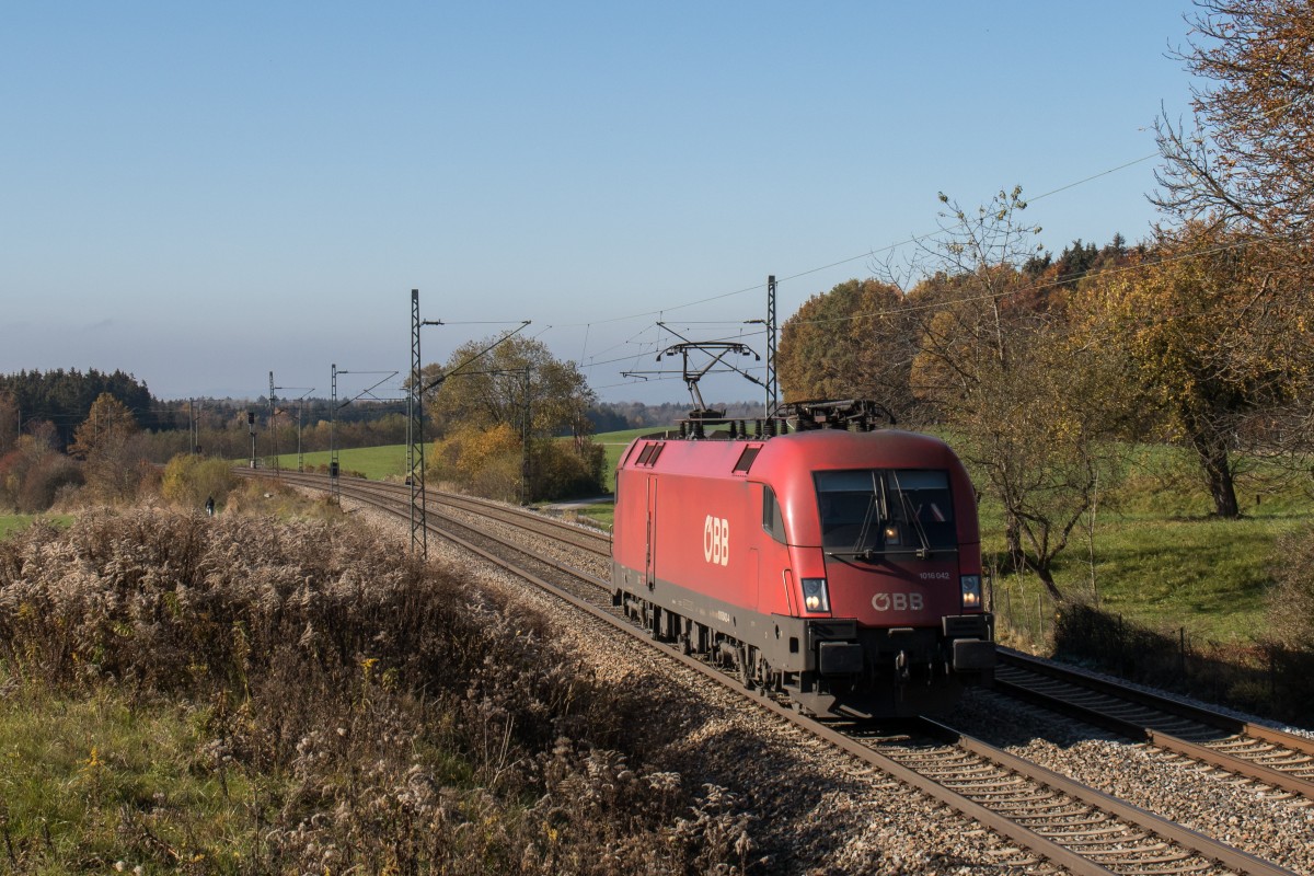 1016 042-4 unterwegs nach Freilassing am 31. Oktober 2015 bei Grabenst�tt.