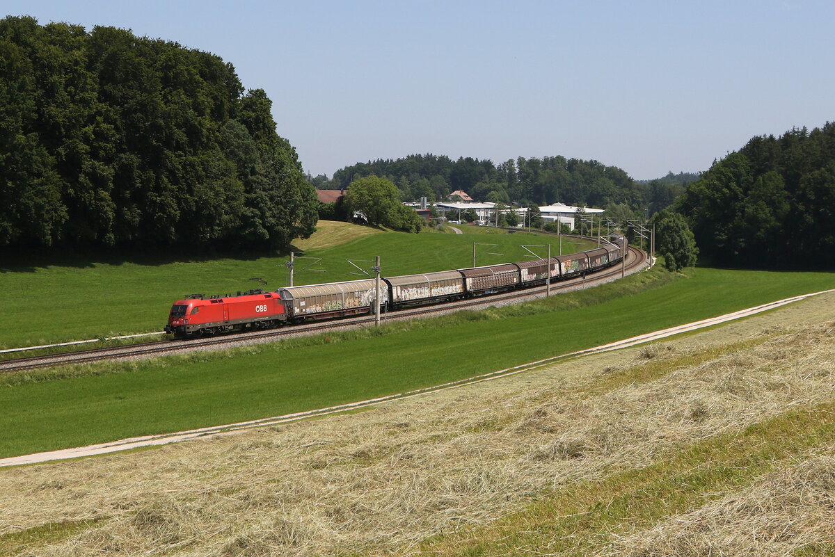 1016 049 mit dem  Papierzug  aus Salzburg kommend am 13. Juni 2025 bei Axdorf im Chiemgau.