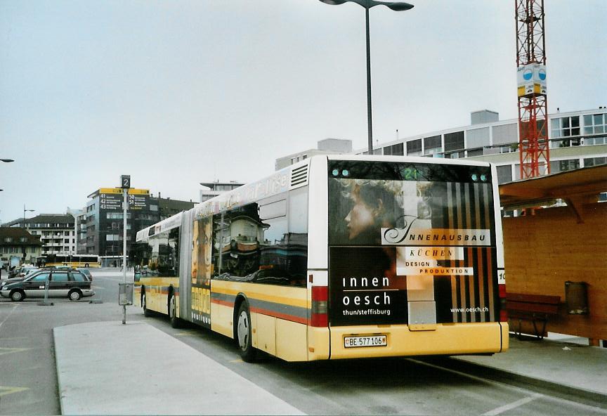 (106'308) - STI Thun - Nr. 106/BE 577'106 - MAN am 8. April 2008 beim Bahnhof Thun (prov. Haltestelle)