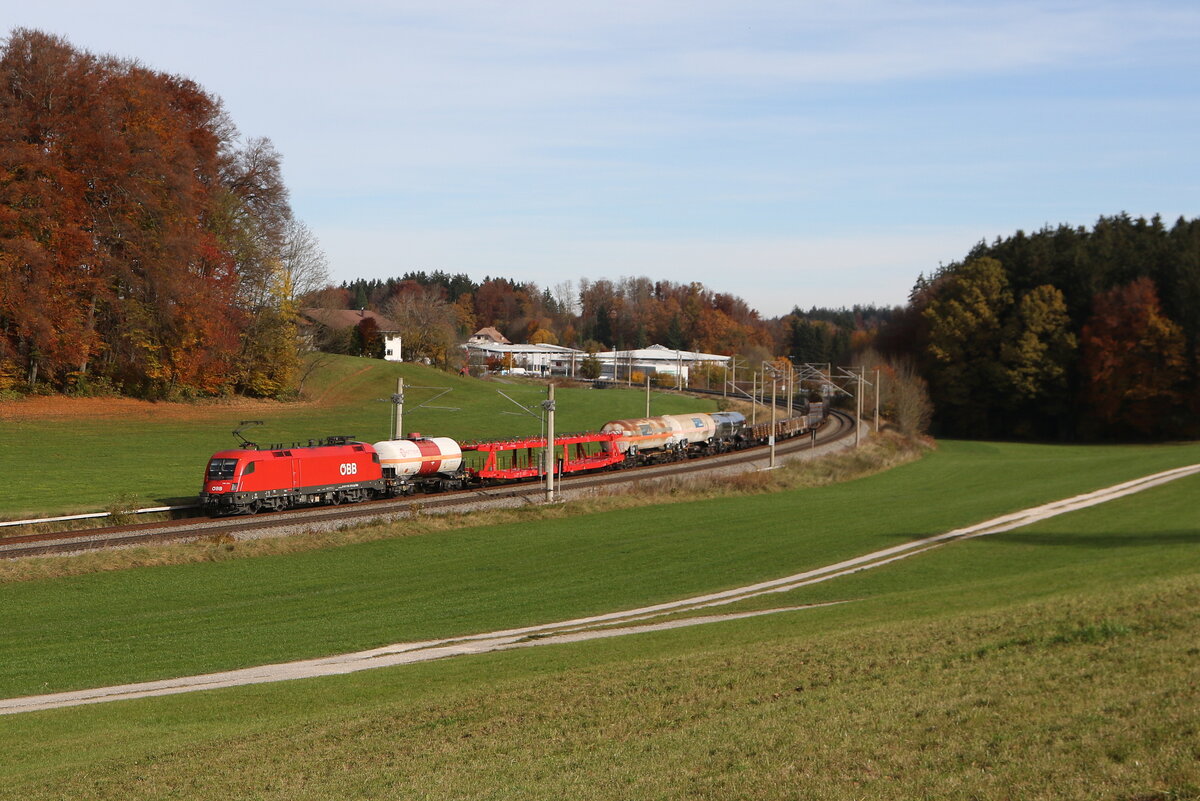 1116 274 mit einem gemischten G�terzug aus Salzburg kommend am 1. November 2025 bei Axdorf im Chiemgau.
