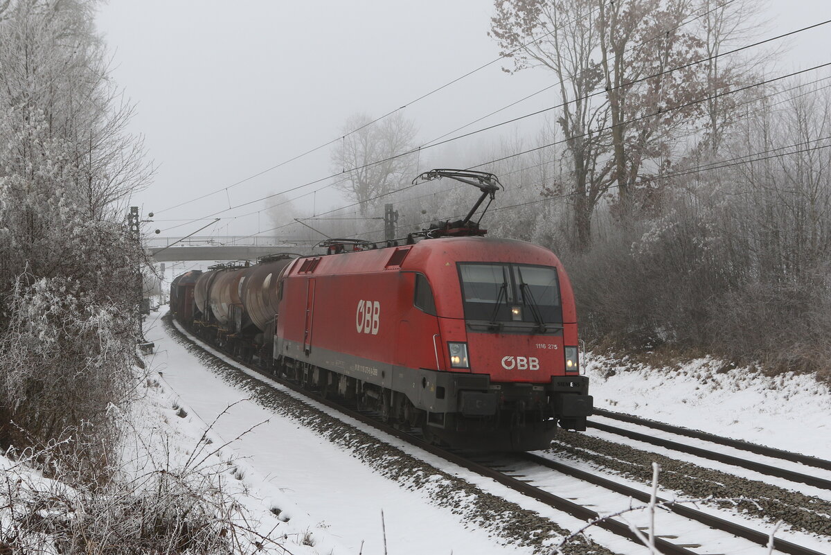 1116 275 mit einem gemischten G�terzug aus M�nchen kommend am 25. Januar 2022 bei Grabenst�tt.
