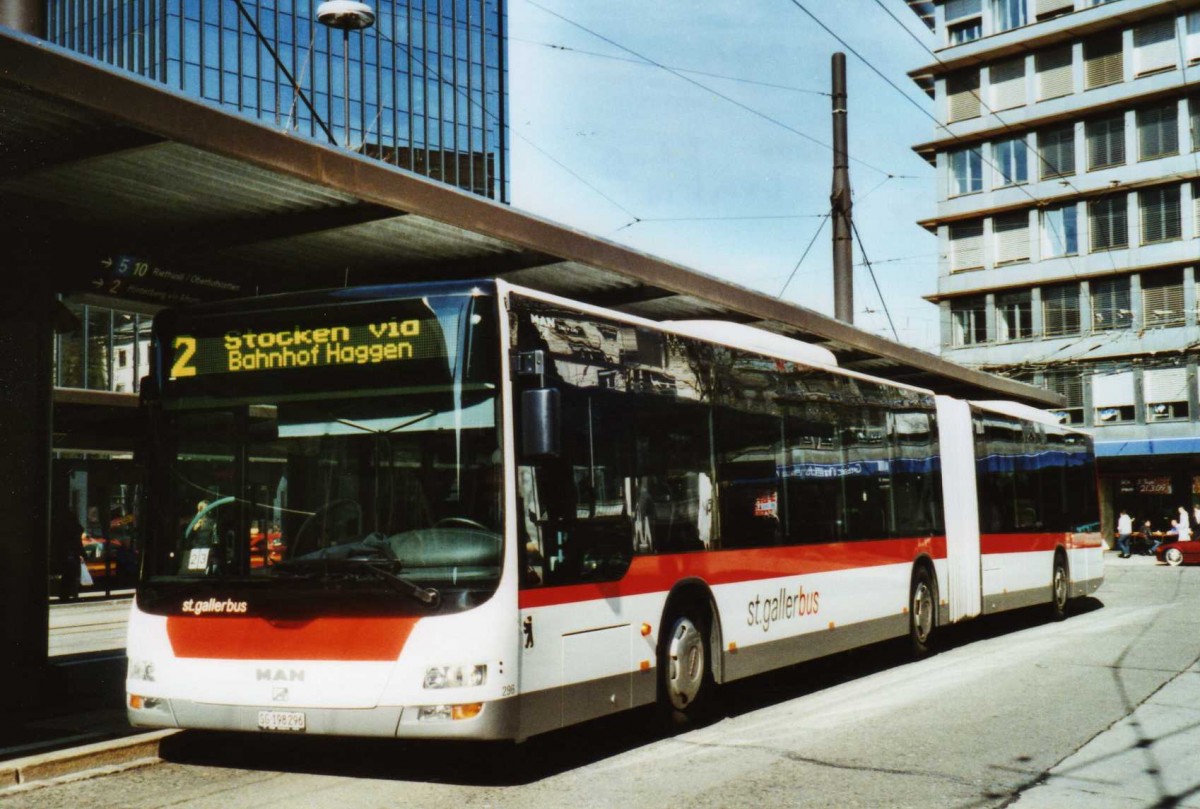 (115'408) - St. Gallerbus, St. Gallen - Nr. 296/SG 198'296 - MAN am 18. Mrz 2009 beim Bahnhof St. Gallen