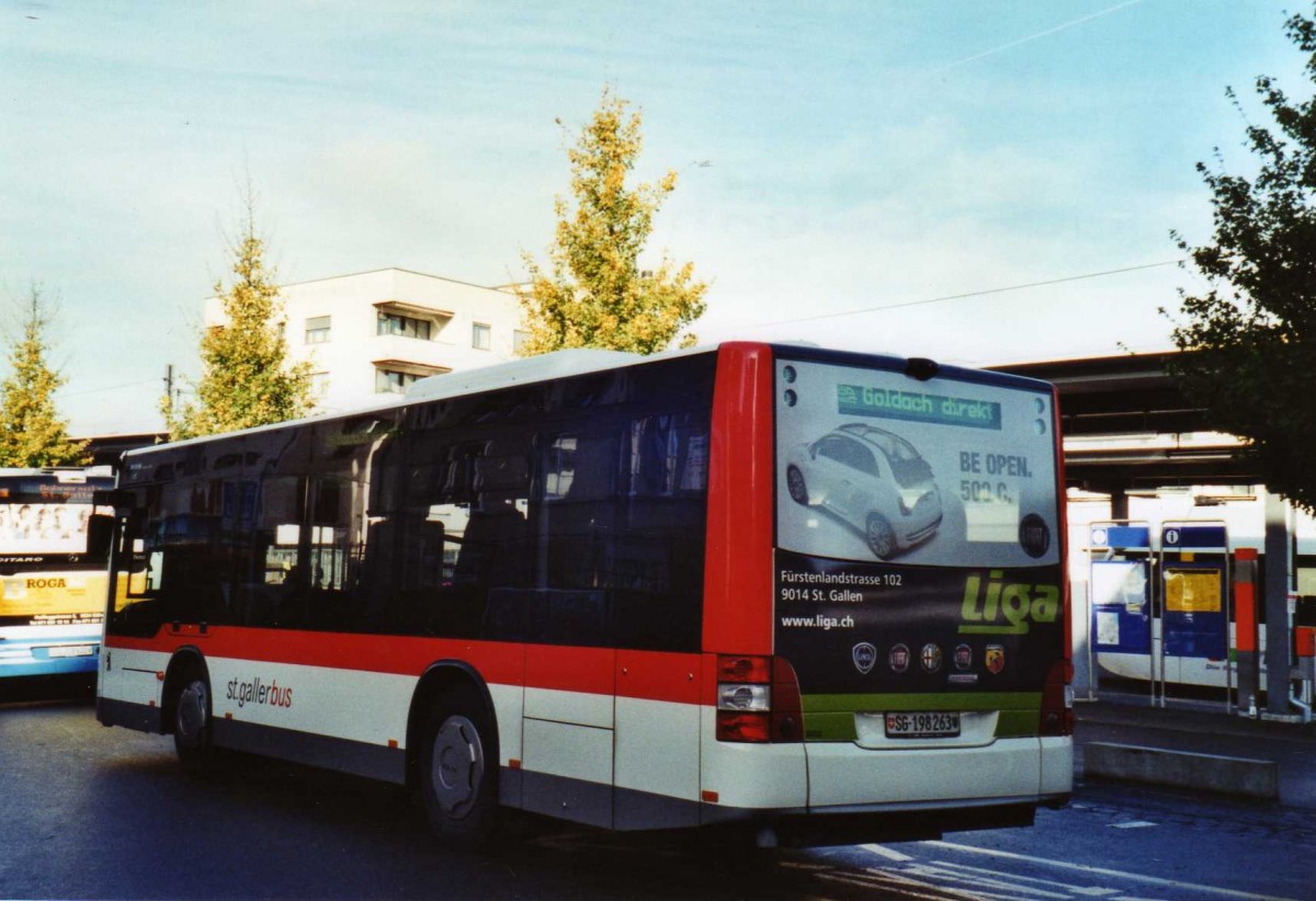 (121'706) - St. Gallerbus, St. Gallen - Nr. 263/SG 198'263 - MAN am 24. Oktober 2009 beim Bahnhof Goldach