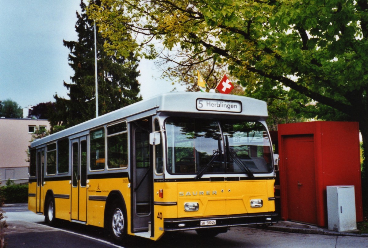 (126'209) - Wanner, Schleitheim - Nr. 40/SH 58'045 - Saurer/Hess (ex Ruklic, Schaffhausen; ex VBSH Schaffhausen Nr. 40; ex VBSH Schaffhausen Nr. 19) am 16. Mai 2010 in Schaffhausen, Buchthalen