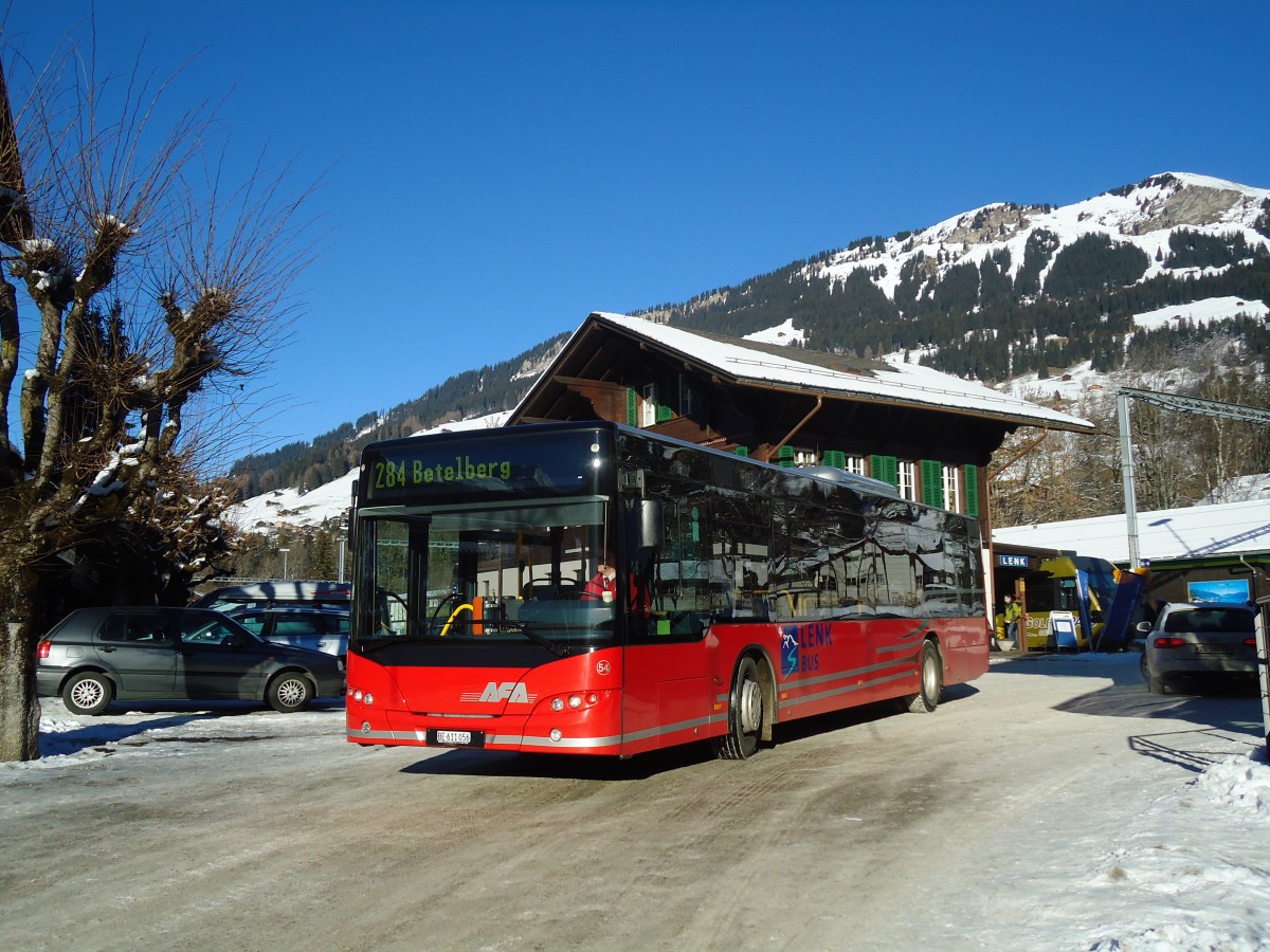 (131'922) - AFA Adelboden - Nr. 54/BE 611'056 - Neoplan (ex VBZ Zrich Nr. 243) am 1. Januar 2011 beim Bahnhof Lenk