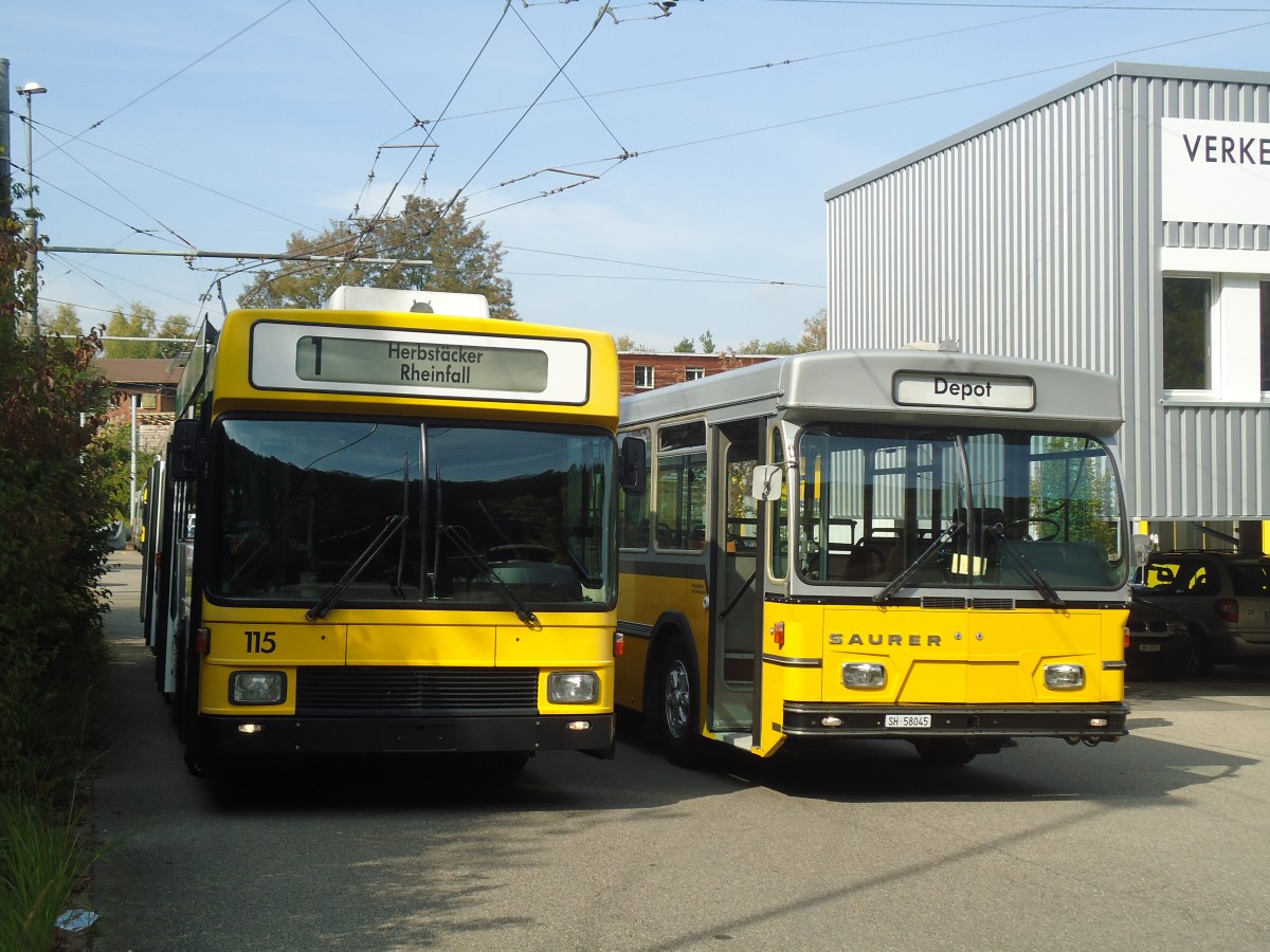 (136'150) - VBSH Schaffhausen - Nr. 115 - NAW/Hess Gelenktrolleybus + Wanner, Schleitheim - SH 58'045 - Saurer/Hess (ex Ruklic, Schaffhausen; ex VBSH Schaffhausen Nr. 40; ex VBSH Schaffhausen Nr. 19) am 25. September 2011 in Schaffhausen, Busdepot