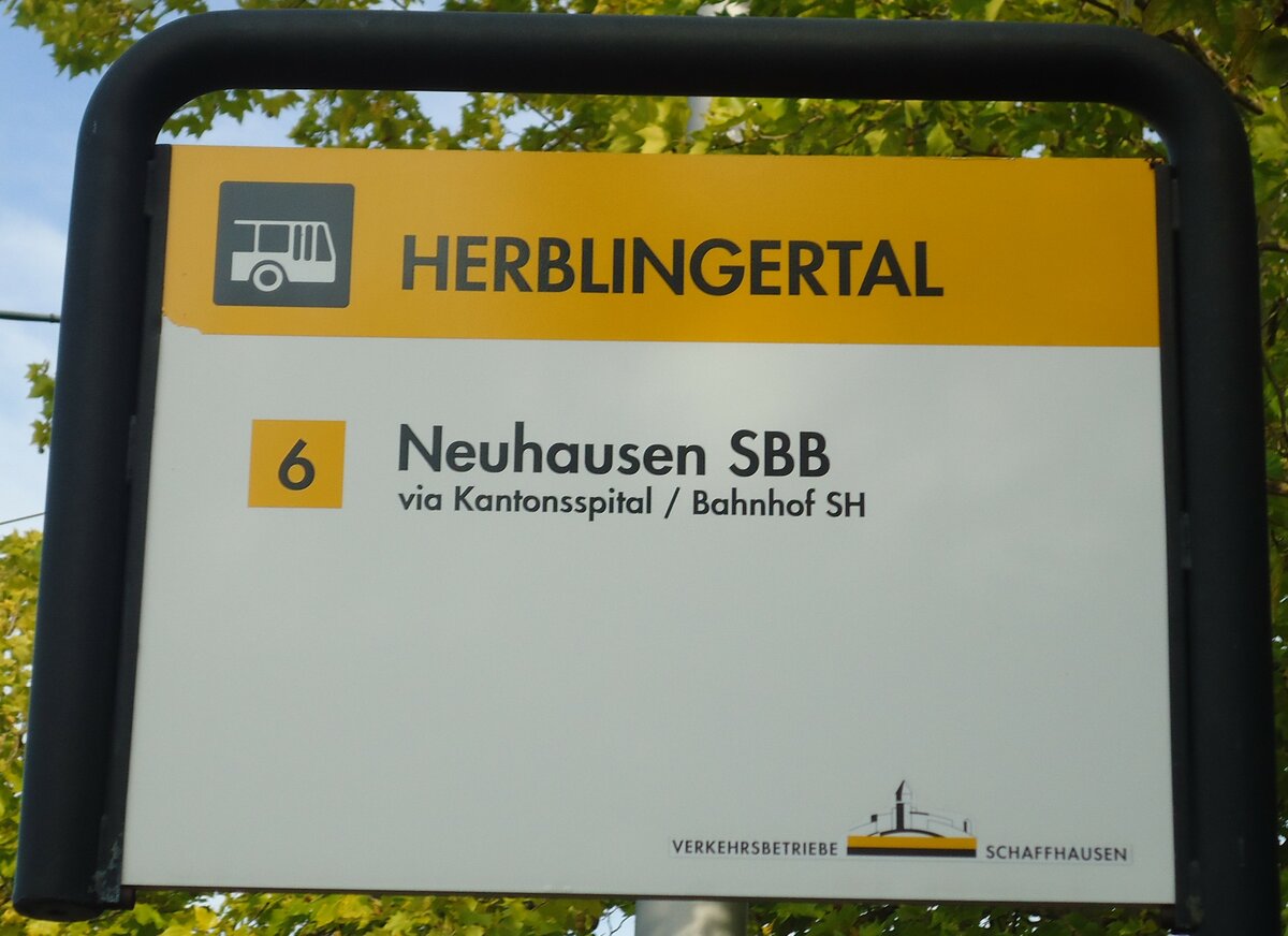 (136'223) - VERKEHRSBETRIEBE SCHAFFHAUSEN-Haltestellenschild - Schaffhausen, Herblingertal - am 25. September 2011