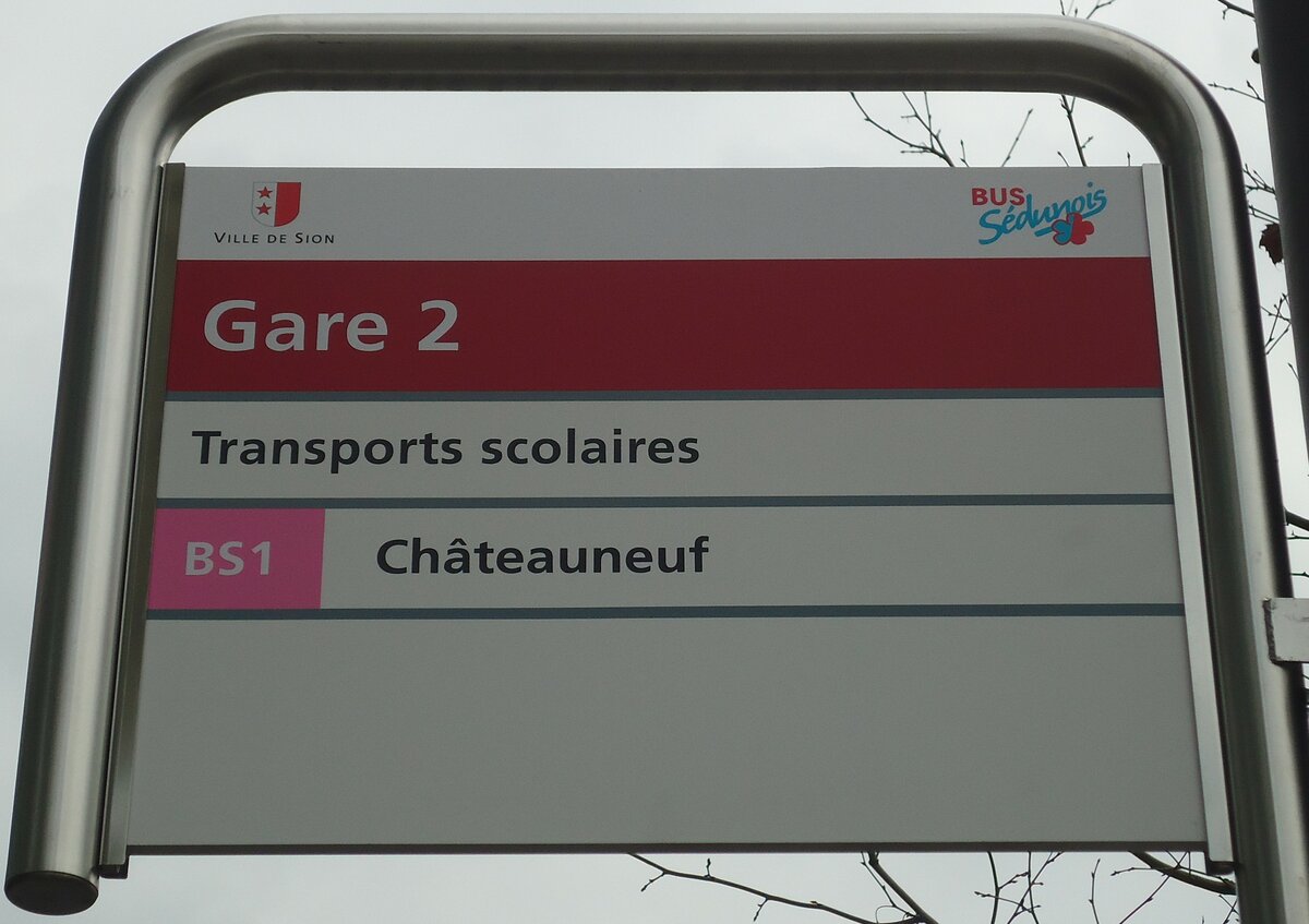 (137'786) - BUS-Sdunois-Haltestellenschild - Sion, Gare - am 19. Februar 2012
