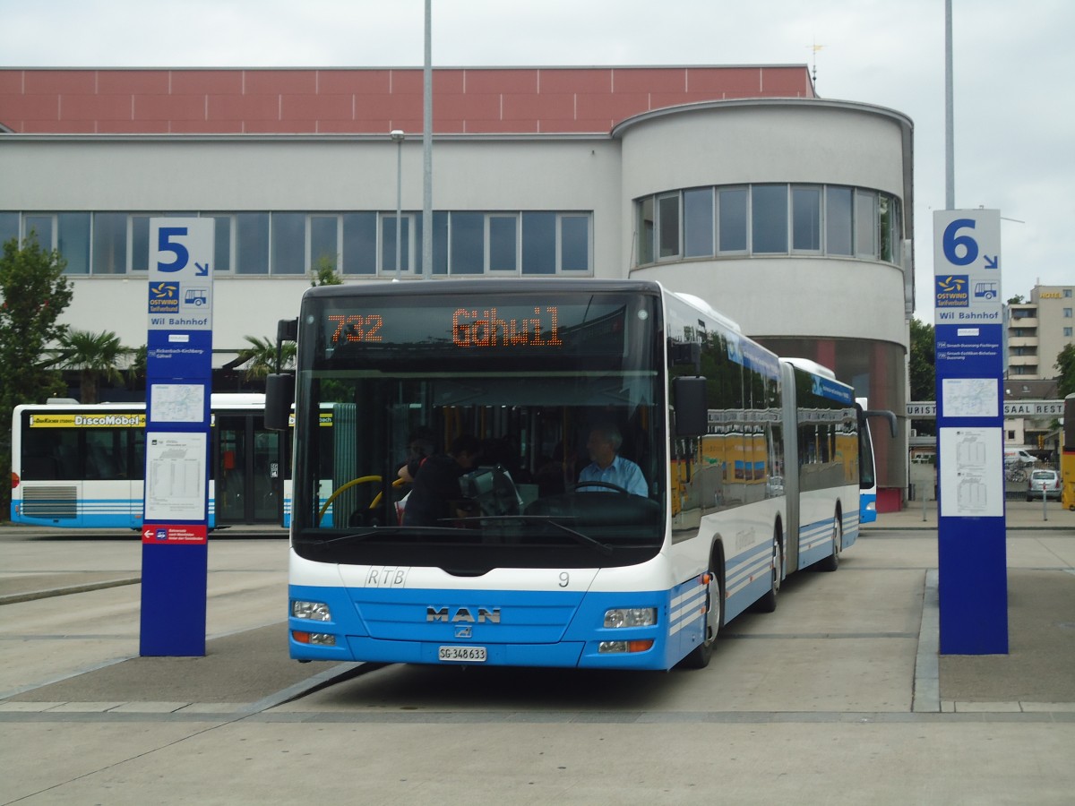 (140'448) - RTB Altsttten - Nr. 9/SG 348'633 - MAN am 11. Juli 2012 beim Bahnhof Wil (Einsatz WilMobil)