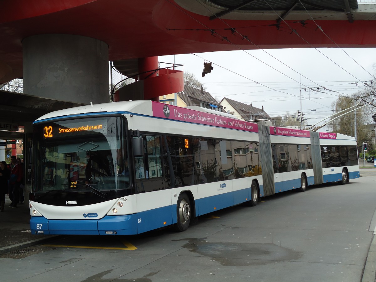 (143'809) - VBZ Zrich - Nr. 87 - Hess/Hess Doppelgelenktrolleybus am 21. April 2013 in Zrich, Bucheggplatz