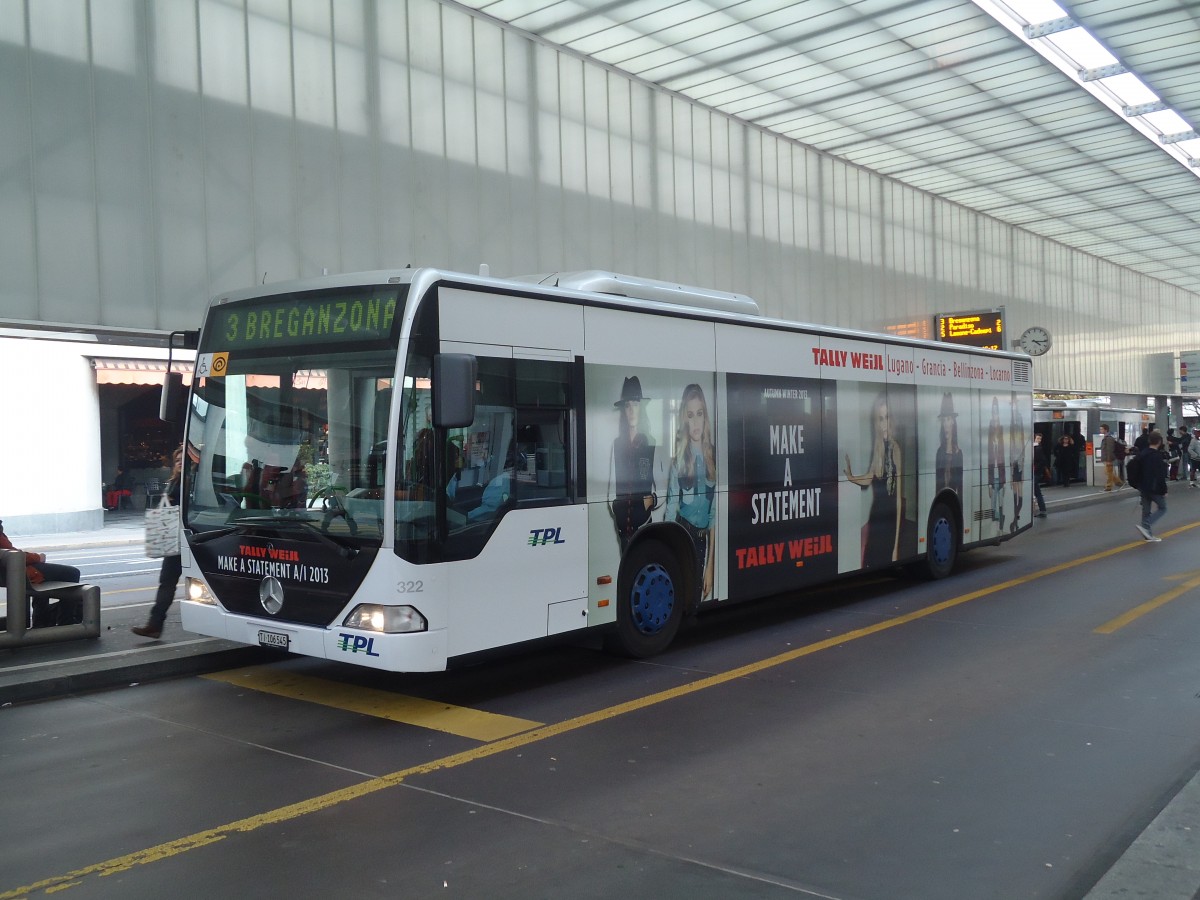 (147'738) - TPL Lugano - Nr. 322/TI 106'545 - Mercedes (ex Nr. 30) am 5. November 2013 in Lugano, Centro