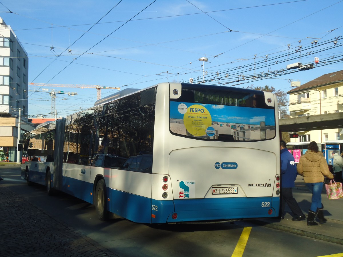 (148'281) - VBZ Zrich - Nr. 522/ZH 726'522 - Neoplan am 9. Dezember 2013 in Zrich, Bucheggplatz