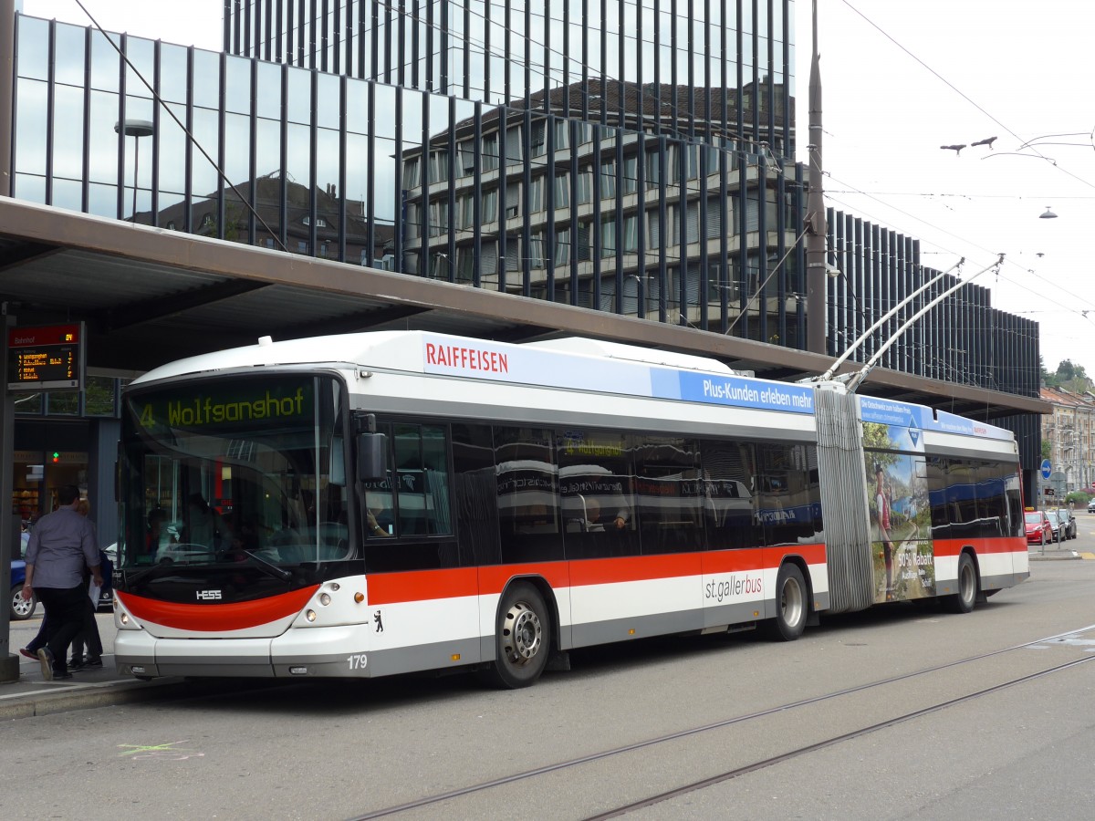 (154'198) - St. Gallerbus, St. Gallen - Nr. 179 - Hess/Hess Gelenktrolleybus am 20. August 2014 beim Bahnhof St. Gallen