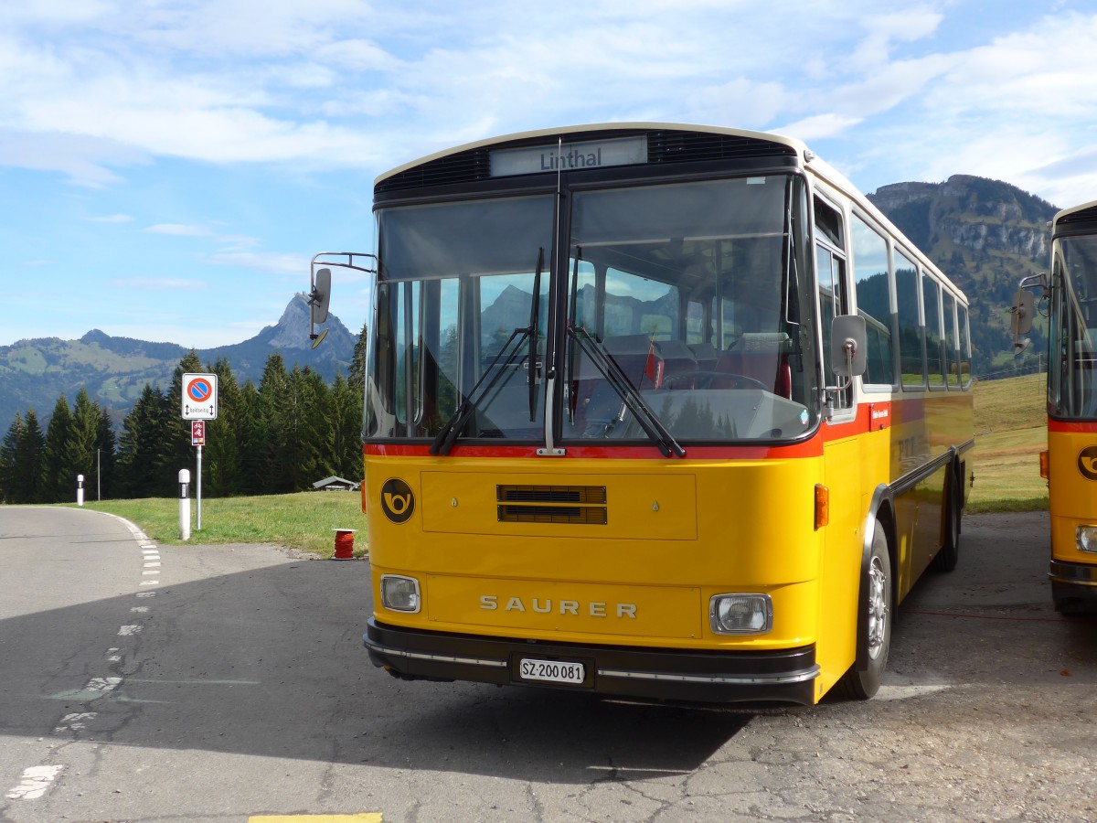 (155'664) - Inkamp, Altendorf - SZ 200'081 - Saurer/Tscher (ex Koch, Giswil; ex Selfors, Meiringen; ex P 24'236) am 12. Oktober 2014 in Willerzell, Rest. Sattelegg