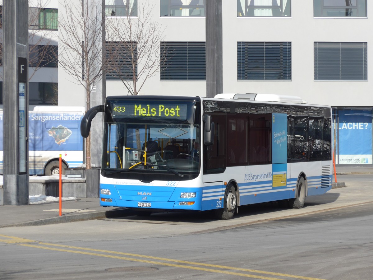 (158'698) - BSW Sargans - Nr. 322/SG 297'509 - MAN/Gppel am 14. Februar 2015 beim Bahnhof Sargans