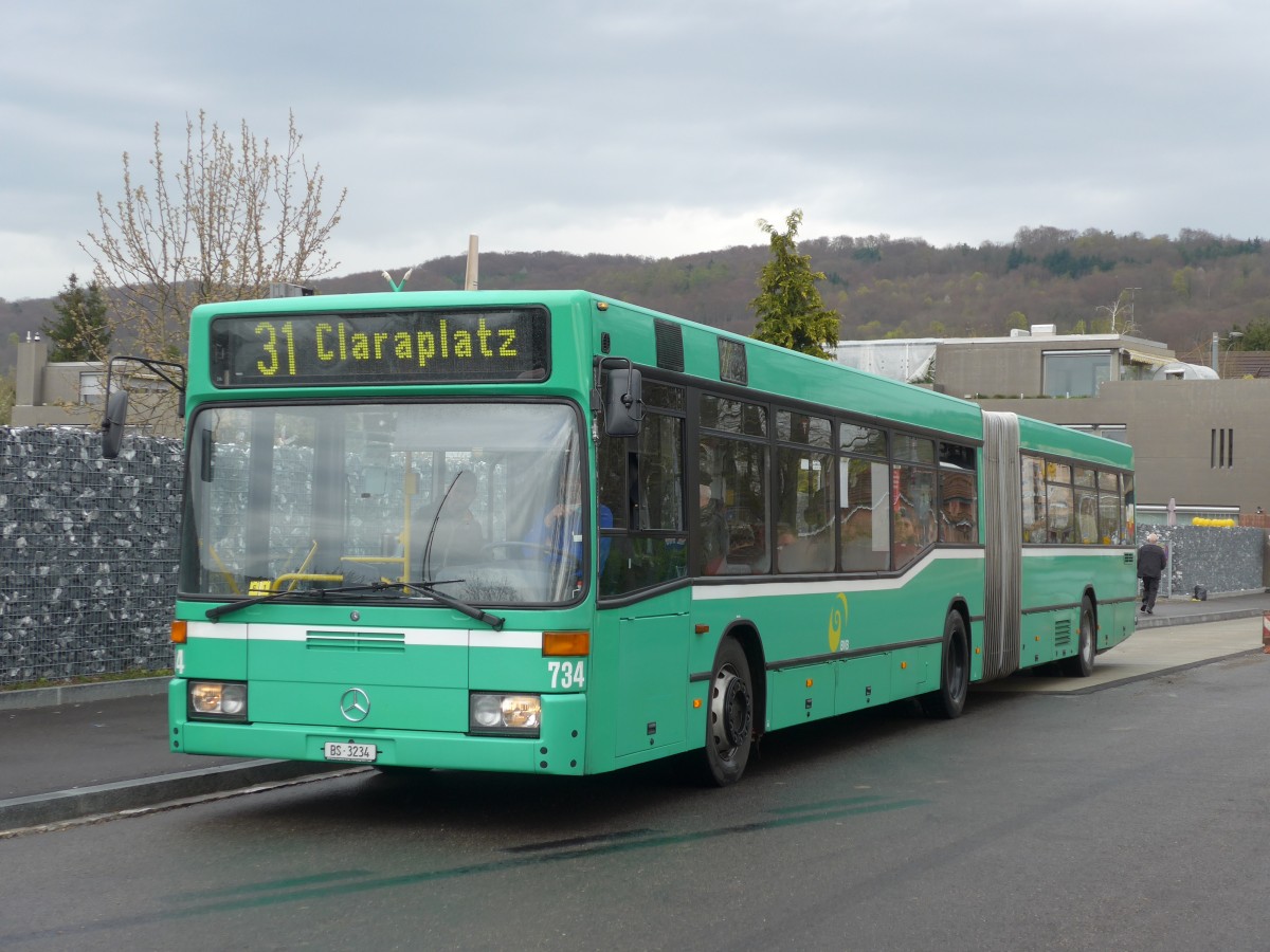 (159'810) - BVB Basel - Nr. 734/BS 3234 - Mercedes (ex VAG Freiburg/D Nr. 933) am 11. April 2015 in Riehen, Hrnli