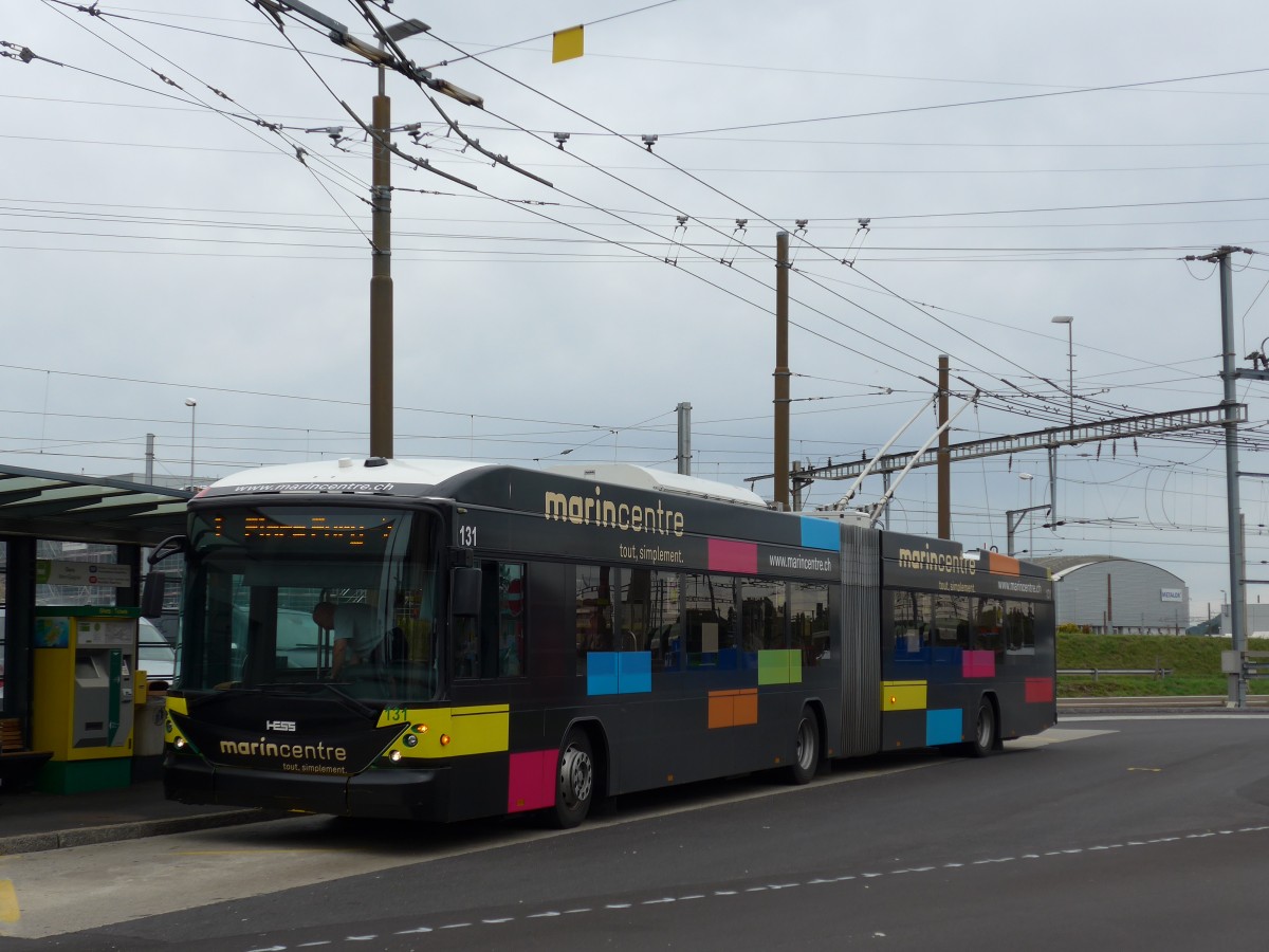 (164'817) - transN, La Chaux-de-Fonds - Nr. 131 - Hess/Hess Gelenktrolleybus (ex TN Neuchtel Nr. 131) am 15. September 2015 beim Bahnhof Marin-Epagnier