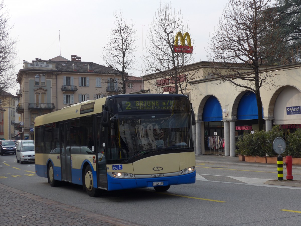 (168'607) - FART Locarno - Nr. 84/TI 229'184 - Solaris am 6. Februar 2016 beim Bahnhof Locarno